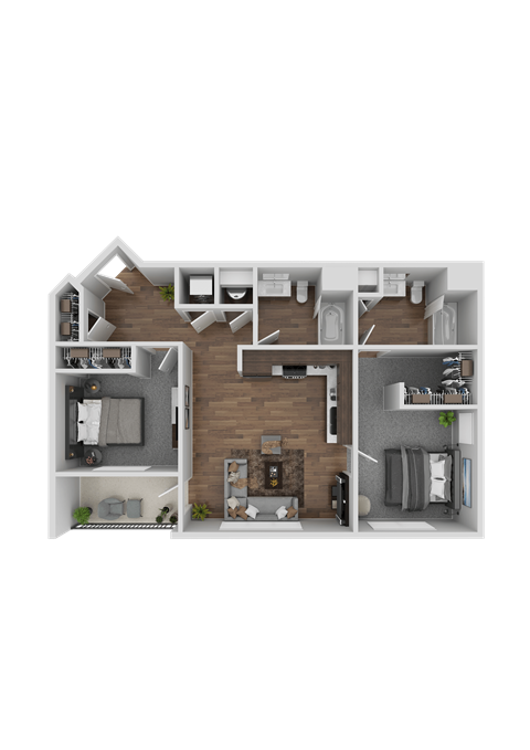 A 3D floor plan of a house with a kitchen, living room, and two bedrooms.